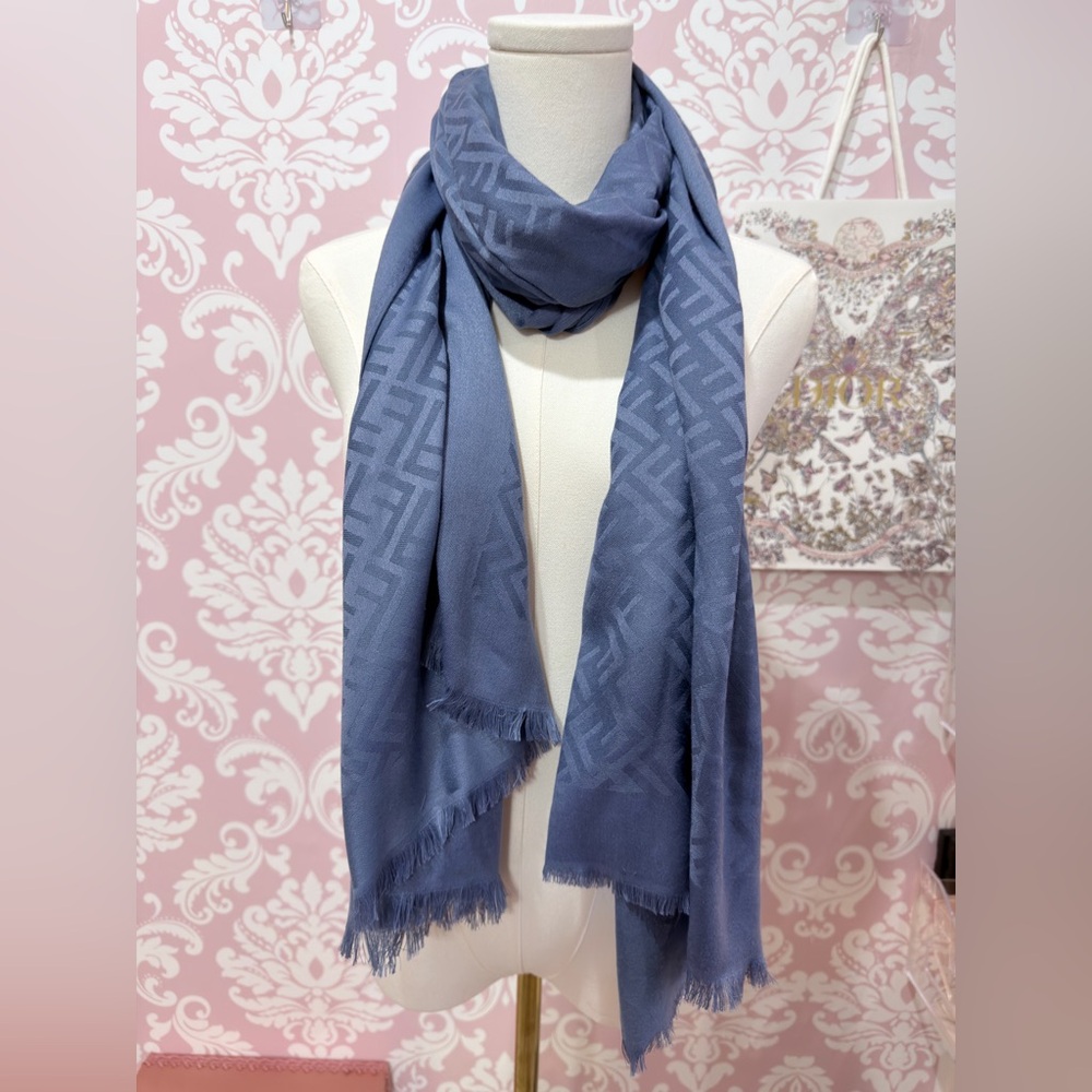 Fendi FF Logo Blue Silk & Cashmere Vintage Scarf